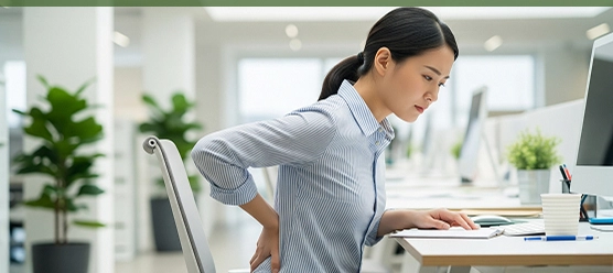 Femme souffrant de mal de dos assise à un bureau