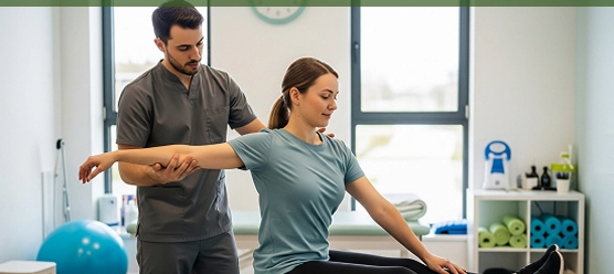 Femme en rééducation post-chirurgicale assistée par un physiothérapeute pour un exercice de bras, dans un cabinet moderne